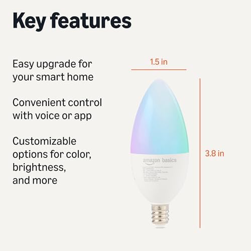 Amazon Basics Smart E12 LED Bulb, 6.0 Watts, 2.4 GHz Wi-Fi only, Works with Alexa Only, 2 Pack, Multicolor