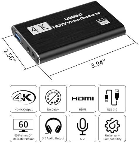 4K HD Video Capture Card, Plug & Play USB 3.0, No Driver Needed | Gaming Capture Card with Microphone for PC/Mac, 1080P 60FPS for Nintendo Switch, PS5, PS4, Xbox, OBS Streaming