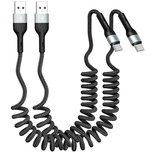 Coiled USB C Charger Cable for CarPlay [3ft 2Pack],USB A to USB C Cable,Durable Braided Type C Fast Charging Cable for iPhone 17/16/15/Pro/Pro Max,Galaxy S26/25/S24,Android Devices（Black）