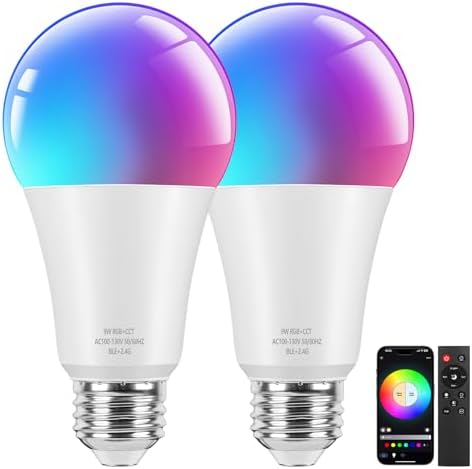 Brightever Smart A19 LED Light Bulbs, 60W Equivalent 800LM Color Changing E26 9W Bluetooth Light Bulbs with Remote Control, 16 Million DIY Colors RGBWW, Music Sync, 2-Pack