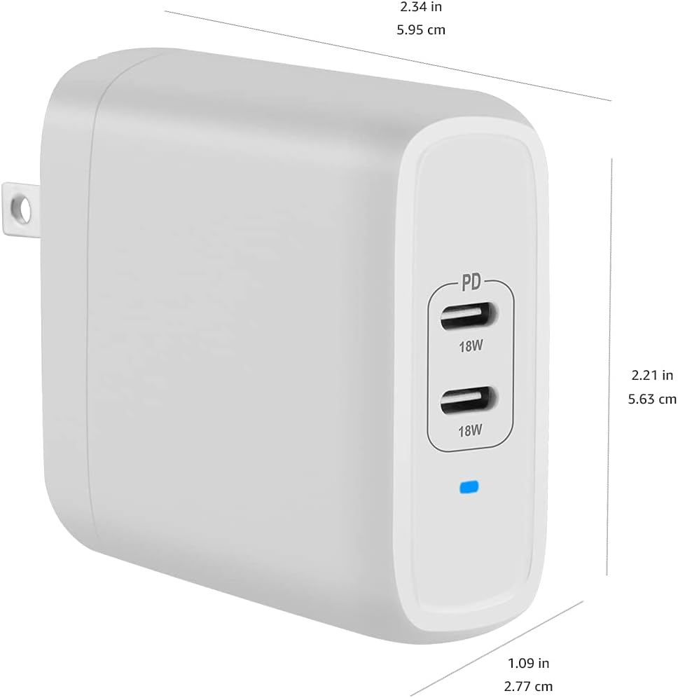 Amazon Basics 36W Dual Port USB-C Wall Charger with Power Delivery, Foldable Plug, for Tablets and Phones, Apple Watch, White, 2.34 x 1.09 x 2.21 in (PD36U-2TNB)
