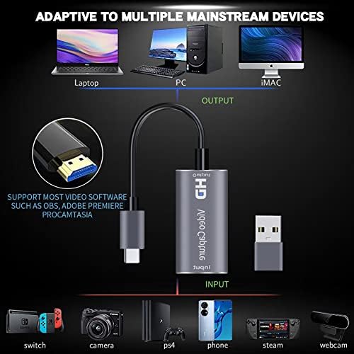 Extenuating Threads 4K HDMI Capture Card, Cam Link Video Capture Card HDMI to 1080P Type-C for Windows Mac OS System for Gaming Meeting with USB C Adapter to Adjust PS3 4, Switch, Xbox, silver