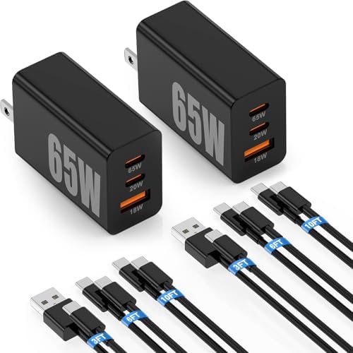 65W Super Fast Charger PD3.0&amp;6/10FT USBC Cable for Samsung Galaxy S26 Ultra | 3-Port GaN Type-C Charging Block PD/QC 3.0 for Galaxy S25/S24/S23 Plus,Tab,MacBook, iPhone 17 Pro Max,Android, 3/6/10FT Cord