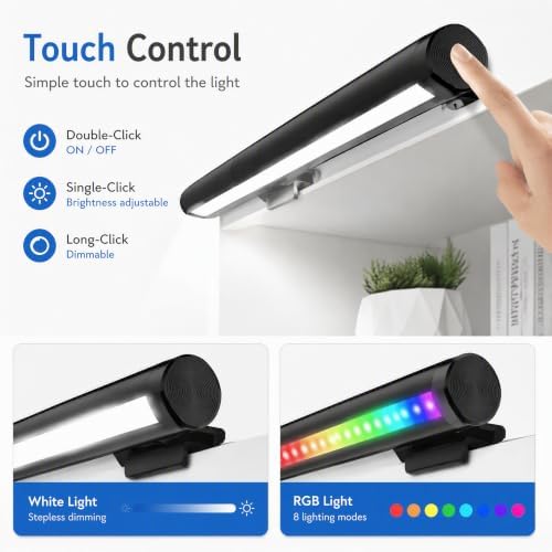 Monitor Light Bar RGB: USB Reading LED Task Lamp with Touch Control - No Screen Glare Dimmable Desk Lamp Computer Monitor Light Bar for Screen Home Office