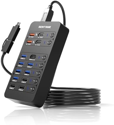 Powered USB Hub,14 Ports USB Data Hub Splitter with 6 USB 3.0 Port,4 Charging Port,1 USB-C 3.0 Data Port,1 PD 60W Charging Port w LED Individual On/Off Switches for MacBook,Mac Pro,Laptop/PC