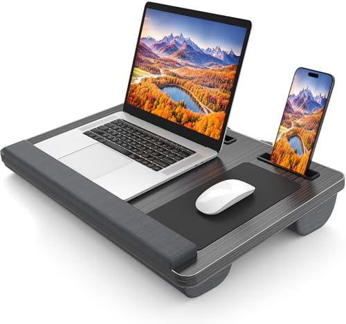 HETTHI Laptop Lap Desk, Portable Large Laptop Desk for Bed, Up to 17 Inch Lap Pad Tray with Wrist Rest, Mouse Pad, Tablet Phone Slot, Portable Handle, Cushion (Black)