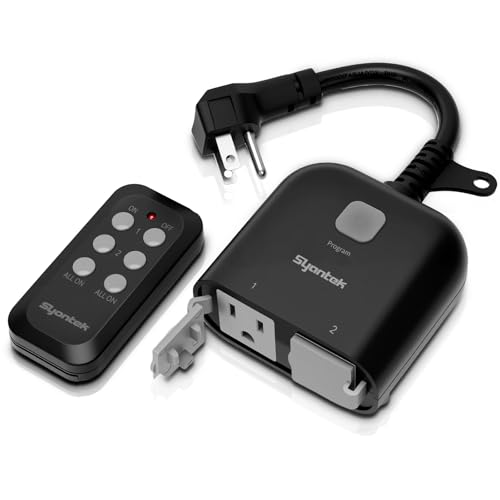 Syantek Outdoor Wireless Remote Control Outlet Indoor 2-in-1 Outlet Switch Weatherproof Power Strip Heavy Duty Energy Plug, 15A, Dual 3-Prong, 100FT, Multi-Device, FCC Listed