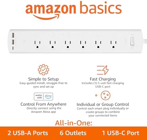 Amazon Basics Smart Plug Power Strip with 6 Individually Controlled Outlets and 3 USB Ports (2 USB-A and 1 USB-C), WiFi, Works with Alexa Only, 2.4 GHz, No Hub Required, White