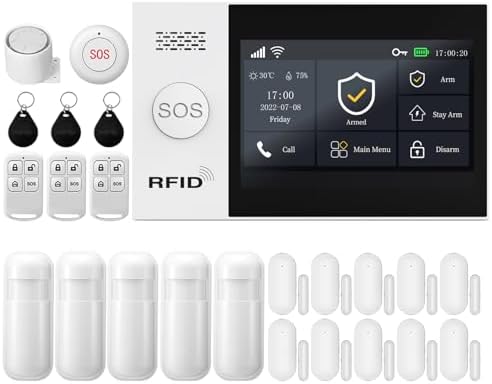 YBJ Full Touch Screen Wireless Smart Home alarm system, DIY 4G and WiFi Burglar Alarm System for Home Security with APP Alert, 24-Piece-Kit (Motion Detector, Door Window Sensor, Remote Control, Siren)