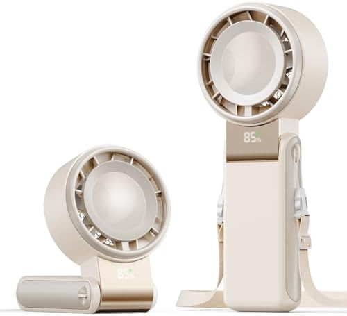 SHEWIND Portable Handheld Mini Fan -5 Speeds, 20H Max, LED Display - Cream | Foldable Mini Fan; Neck & Desktop Use; 4000mAh Rechargeable Battery; Travel Turbo Fan