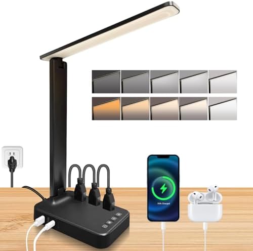 karidi LED Desk Lamp with Power Strip, 3 AC Outlets & 4 USB Ports (2 USB-C), Eye-Caring Task Light, 5 Color Modes 5 Brightness Dimmable, Sturdy Base Home Office Dorm Room Essentials