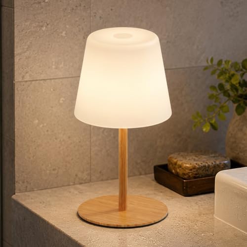 IP65 Waterproof Shower Lamp, Cordless Rechargeable Table Lamp, Wood Grain | Bathroom To Bedside Glow, Touch-Dim Comfort, 4000mAh USB-C Ease, 12-24H Light, 3 Light Moods, 2-Height Fit