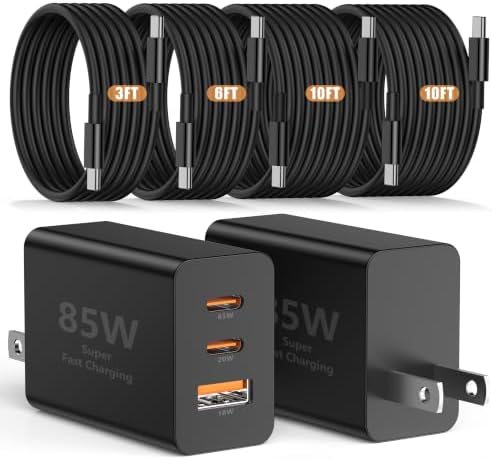 Susnwere 85W USB C Wall Charger for Samsung S26 Ultra,3 Port 100W PD Quick 3.0 Type C Charging with 3/6/10/10FT USB C Cable for Samsung Galaxy S26+/S25/S24/S23 Ultra/S22/S21/S20/Android Phones