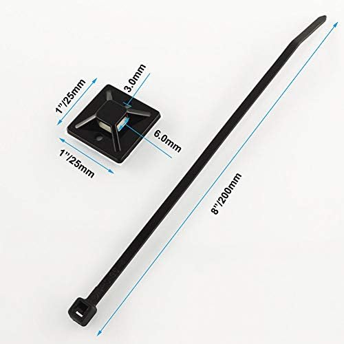 Strong Self Adhesive Wire Clips Cable Zip Tie Mounts 1" with 8 Inch Zipties Black UV Protection Outdoor 100 Pcs,Sticky Wire Fasteners Cable Guide Management Mounting Suqare Holder Anchor Base large
