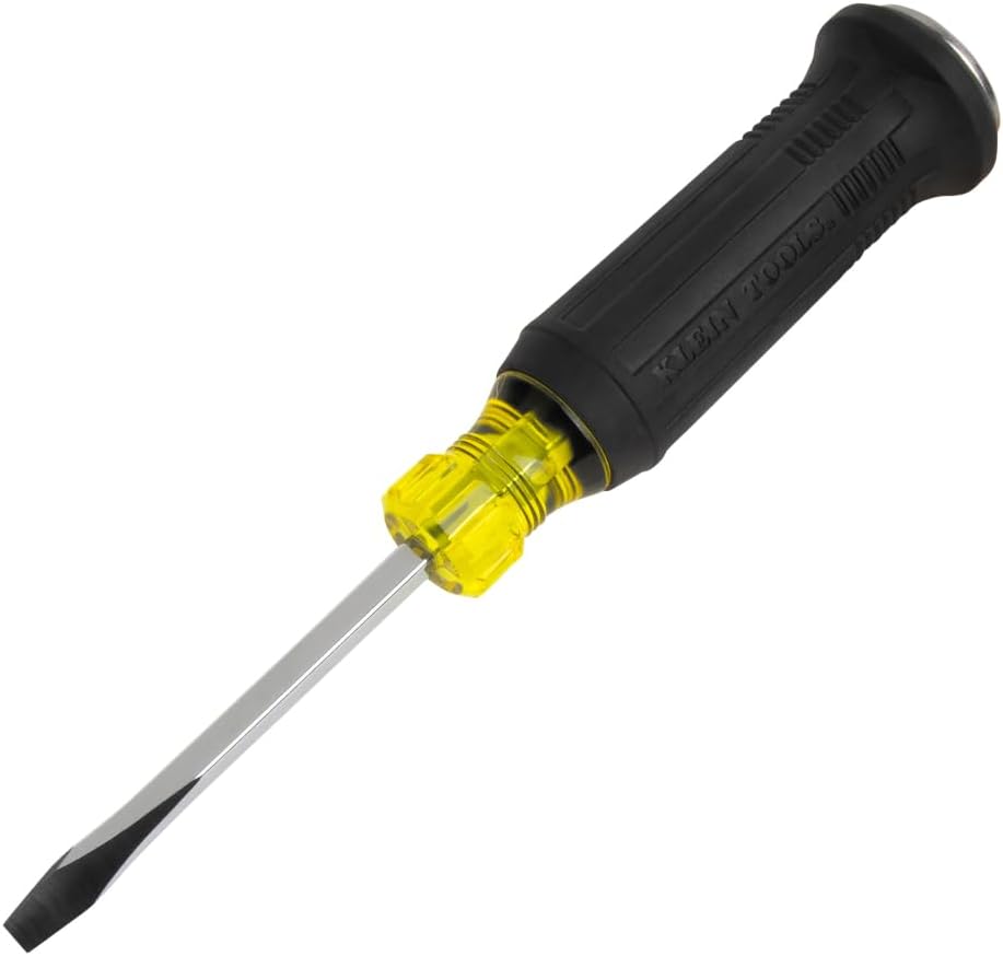 Klein Tools 6007DD 5/16-Inch Keystone Demolition Screwdriver, 7-Inch Blade, Steel Tip-to-Cap Construction Demo Screwdriver, Cushion-Grip Handle, Oversized Strike Cap, Square Shank with Wrench Assist