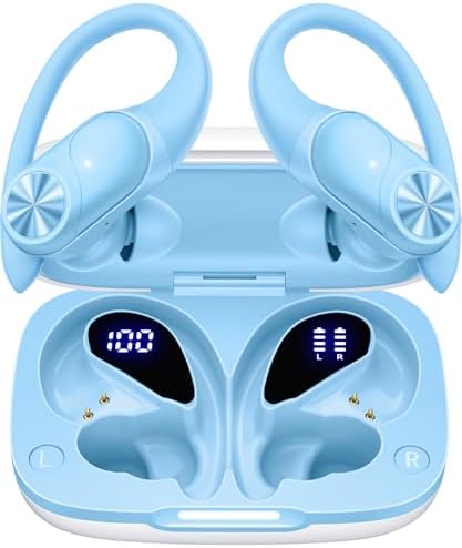 PocBuds Bluetooth Headphones Wireless Earbuds 80hrs Playtime Wireless Charging Case Digital Display Sports Ear Buds with Earhook Deep Bass IPX7 Waterproof Over-Ear Earphones for TV Phone Laptop Blue