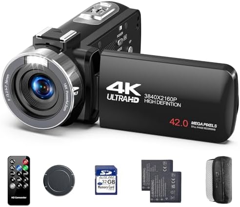 4K Video Camera Camcorder, 42MP Vlogging Camera for YouTube with 32GB SD Card, 2 Batteries, 3" 270° Rotating Screen, 18X Digital Zoom, Remote Control, Webcam for Live Streaming