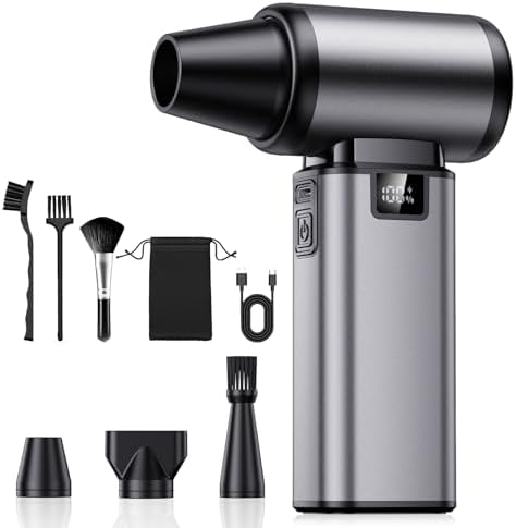130000RPM Compressed Air Duster,Rechargerble with Brushless Motor | 5-Gear Adjustable,2.5H Fast Charge,3 Nozzles + 3 Brushes,54m/s Wind Speed,185g Wind Pressure，for Car and Keyboard