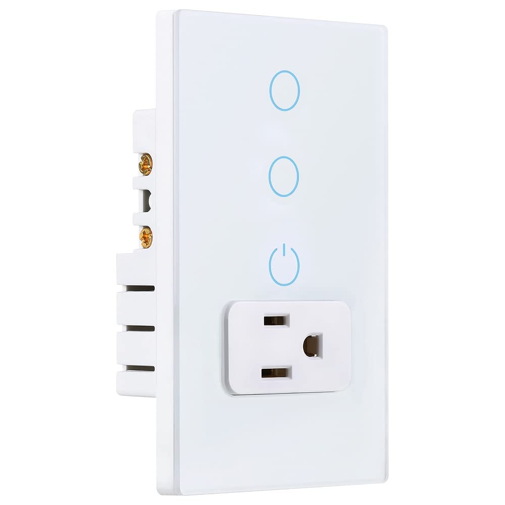 Combination Touch Light Switch and WiFi Power Wall Outlet, Tuya APP Smart Life, 15A /90-250V AC 60Hz, Combo Style, White