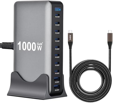 1000W 10-Port GaN 4 Desktop Charging Station with 240W 6.6 ft Data Cable - Compatible with Tablets, Phones, Laptops, Gaming Consoles, Headphones