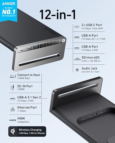 Anker 675 USB-C Docking Station, 12-in-1 Monitor Stand, Wireless Charging | 2 USB-C 10Gbps and 3 USB-A 10Gbps Ports, 4K@60Hz HDMI, Ethernet, SD/TF Card Reader, for ThinkPad, MacBook Pro and More
