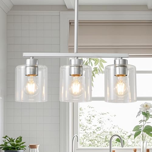 3-Light Silver Kitchen Island Lighting, Silver Pendant Light Fixture, Farmhouse Dining Room Light Fixtures Over Table, Modern Hanging Light Fixtures with Clear Glass, E26 Base