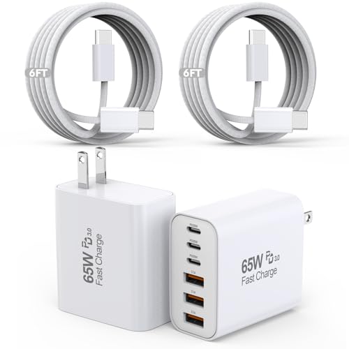 65W USB C Charger Block, 2Pack 6-Port Fast Charging Block with 6ft Long TypeC to TypeC Woven Cable Cord,Multiport Plug,USB C Power Adapter for iPhone 17/17 Air/17 Pro/16/16e/16 Pro Max/15,iPad,AirPods