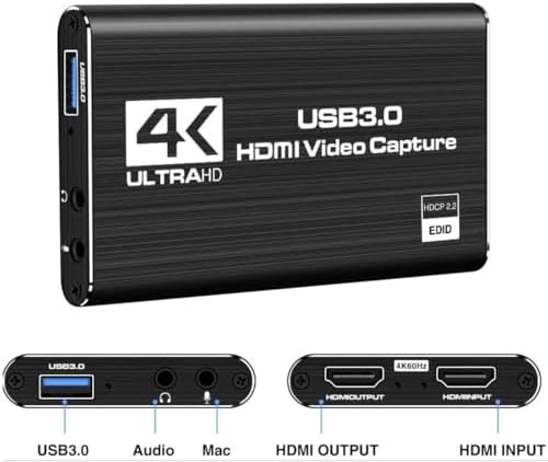 4K HDMI to USB3.0 Capture Card,1080P 60FPS, Audio Video Capture Card for Game Capture Card Nintendo Switch Streaming Work with PS4/PS5/PC/OBS/Camera/Xbox (Black)