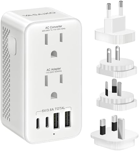 Voltage Converter US to Europe, Travel Adapter Voltage Converter to Step Down 220V to 120V, Power Converter with 2 USB-A 2 USB-C Port & UK/AU/US/IT/European Travel Plug Adapters