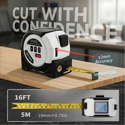 Cyber Measure Pro 3-in-1 Digital Tape Measure with Laser Measurement, Belt Clip & Screwdriver, Battery Powered (2X AAA) – Precision Measuring Tool for Home & Professional Use