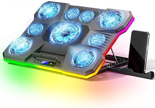 Laptop Cooling Pad, MOOJAY Laptop Cooler with 9 Quiet Fans for 14-19 Inch Notebook Computer, Gaming Laptop Fan Cooling Stand with 6 Adjustable Speeds and 10 RGB Light Modes, 2 USB Ports & Phone Holder