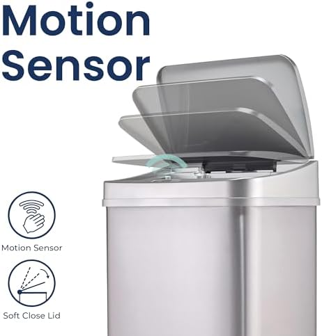 Ninestars 13 Gallon Automatic Trash Can, 50L Touchless Motion Sensor Garbage Can with Odor-Sealing Lid, Rectangular Stainless Steel, Silver Trim