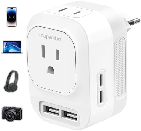 220V to 110V Voltage Converter US to Europe with 2 USB A 2 USB C Fast Charging, Power Converter for European Travel Universal International Travel Adapter for Italy Germany France Spain