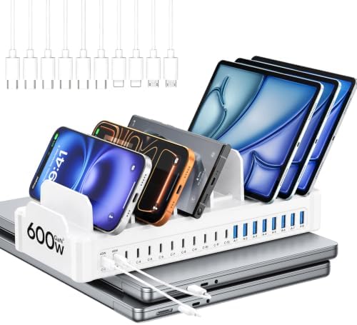 20-Port 600W Moezuti Charging Station for Multiple Devices with 10 Cables
