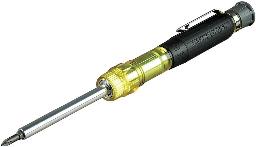 Klein Tools 32613 Multi-Bit Screwdriver, Precision HVAC 3-in-1 Pocket Screwdriver with Phillips, Slotted and Schrader Bits