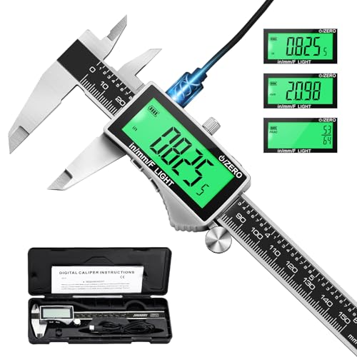 Digital Caliper, Rechargeable Calipers Measuring Tool with Large LCD Backlight Screen, 6 Inch Stainless Steel Vernier Micrometer, Auto-Off, Easy Switch from Inch Metric Fraction for DIY/Household
