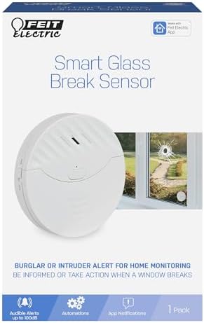 Feit Electric Smart Wi-Fi Glass Break Sensor with Audible Alarm, Wireless, 24/7 Home Security System with Mobile App Notification, Battery Operated, No Hub Required, Indoor Use Only, GLASSBREAK/WiFi