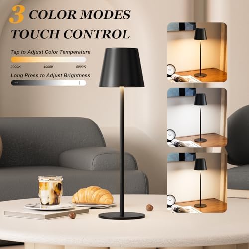 Kakanuo Cordless Table Lamp Rechargeable Black - KK 2 Pack 5000mAH Battery Operated Lamp for Counter, 3 Color Stepless Dimming Wireless Lamp for Dining Kitchen, Outdoor Patio, Touch Control