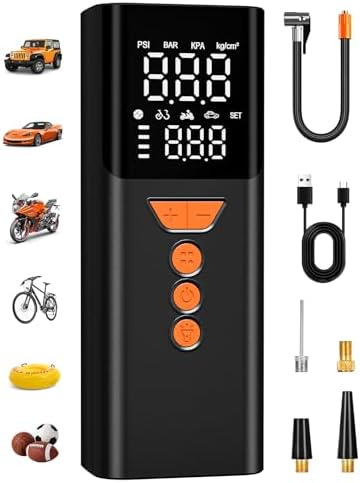 Tire Inflator Portable Air Compressor,Bike Pump with Memory Function | 150PSI, Auto Shut-off, Portable, Standard Capacity, LED Light, Cordless Air Pump for Car Tires, Motorcycles, Bikes, Balls