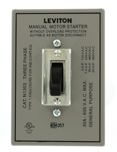 Leviton 30 Amp, 600 Volt, Toggle Three-Pole AC Motor Starter, Suitable as Motor Disconnect, In Type 1 Metal Enclosure, Industrial Grade, Grounded, N1303-DS, Gray