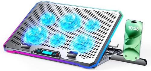 KYOLLY Aluminum Alloy RGB Gaming Laptop Cooler with 6 Fans and LCD Screen - 10 RGB Modes Memory Function, 4 USB Ports 3.0 and 2.0 Hub, 9 Height Adjustable for 10 to 21 Inch Laptops on Desk or Lap