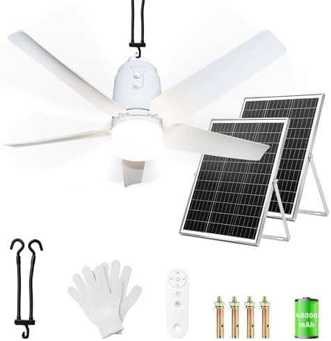 SHUNLEE Solar Outdoor Ceiling Fan Light 31.5'', 60W Solar Powered Portable Gazebo Fan With Remote and Hook, 3000K-6000K LED, 40000mAh Large Hanging Canopy Fan (31.5 inch)