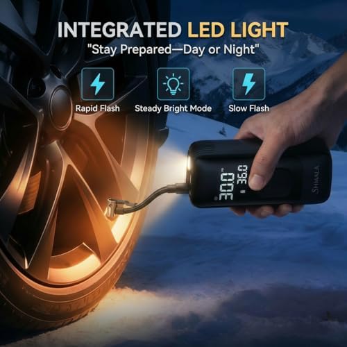 Tire Inflator Portable Air Compressor – Cordless Air Compressor with Digital Gauge, LED Light, Power Bank & Auto-Shutoff Tire Air Pump for Car, Motorcycle & Bicycle Tires