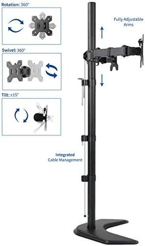 VIVO Dual 13 to 27 inch LED LCD Monitor Free-Standing Desk Stand, Holds 2 Screens, Heavy-Duty Fully Adjustable Arms with Max VESA 100x100mm, Extra Tall 40 inch Pole, Black, STAND-V012F