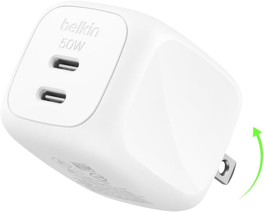Belkin 50W Dual GaN USB C Charger Block, Fast Charging for Travel | MacBook, iPhone 17, iPad Pro, Chromebook, Samsung Galaxy S26 Ultra, Google Pixel 10, Travel Essentials