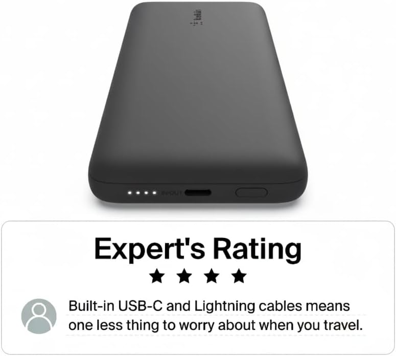 Belkin 10K 23W Portable Charger Power Bank, Integrated USB C and LTG Cables | Fast Charging, iPhone 17, Samsung Galaxy, Pixel, Airpods, iPad, Battery Pack, USB C Port, USB C Cable, Lightning Cable