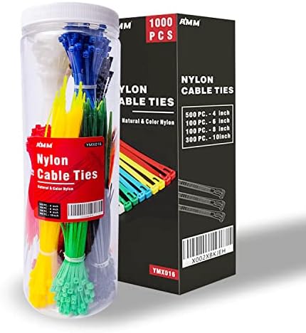 AMM Cable Zip Ties，1000 Pack colored zip ties Assorted Sizes 4, 6, 8 and 10 inches with a plastic storage jar，Multi-Purpose Self-Locking Nylon Cable Ties Cord Management Ties,Wire Ties for Home,Office