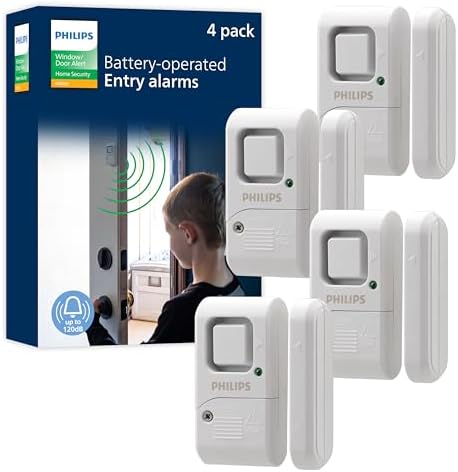 Philips Personal Security Window and Door Alarm, 4 Pack, Wireless Chime | DIY Protection, Burglar Alert, Easy Installation, Ideal for Home, Garage, Apartment, RV and More, LRM3320W/27