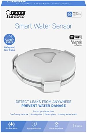 Feit Electric Smart Wi-Fi Water Leak Sensor with Audible Alarm, Wireless, Indoor/Outdoor, 24/7 Home Security System with Mobile App Notification, Battery Operated, No Hub Required, H2O/WiFi