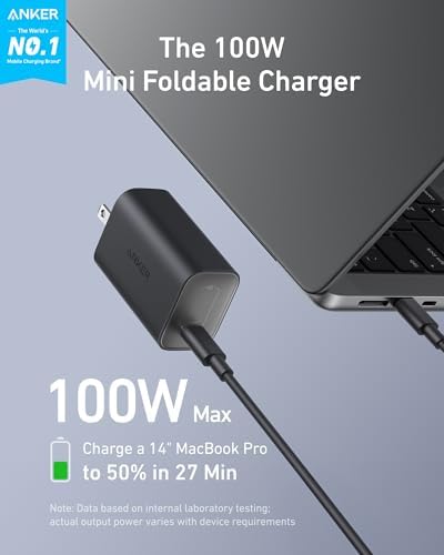 Anker Laptop Charger, 100W Foldable Type C Charger Fast Charging | For MacBook, iPhone 17 Series, and All USB C Devices, with 6FT USB-C Cable Included, Compatible with MagSafe